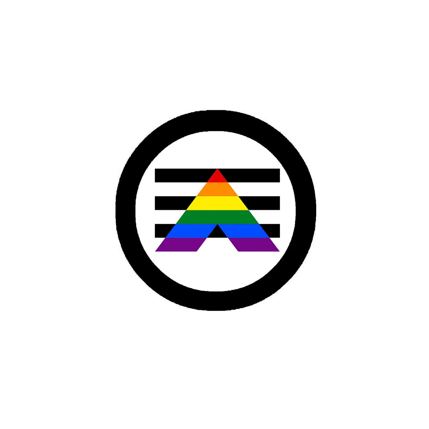 Rainbow triangle pride flag pinback badge with black circular border