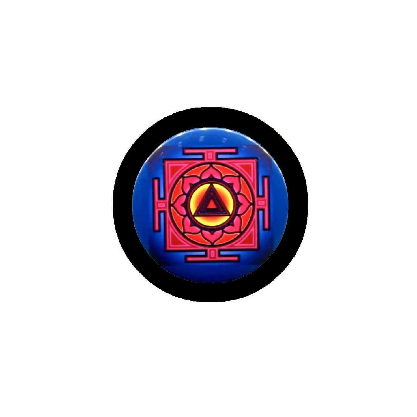 Kali yantra trance pinback badge with colorful circular emblem on dark background