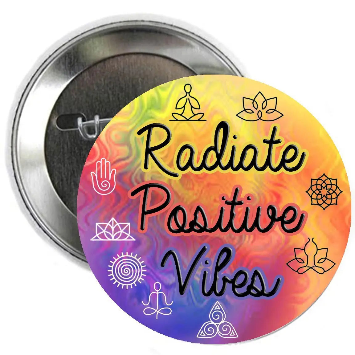 2.25-inch round pinback button badge, colorful tie-dye with yoga icons and 'Radiate Positive Vibes'