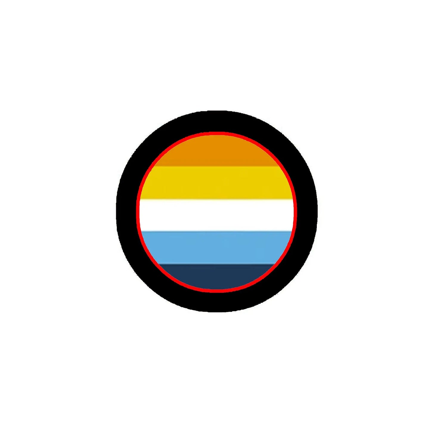 Aroace pride flag pinback, round black frame with horizontal red-yellow-white-blue stripes