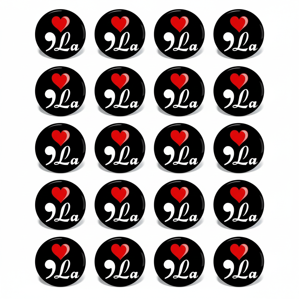 Set of black pinback buttons with red heart and white “9La” script, multiple pack