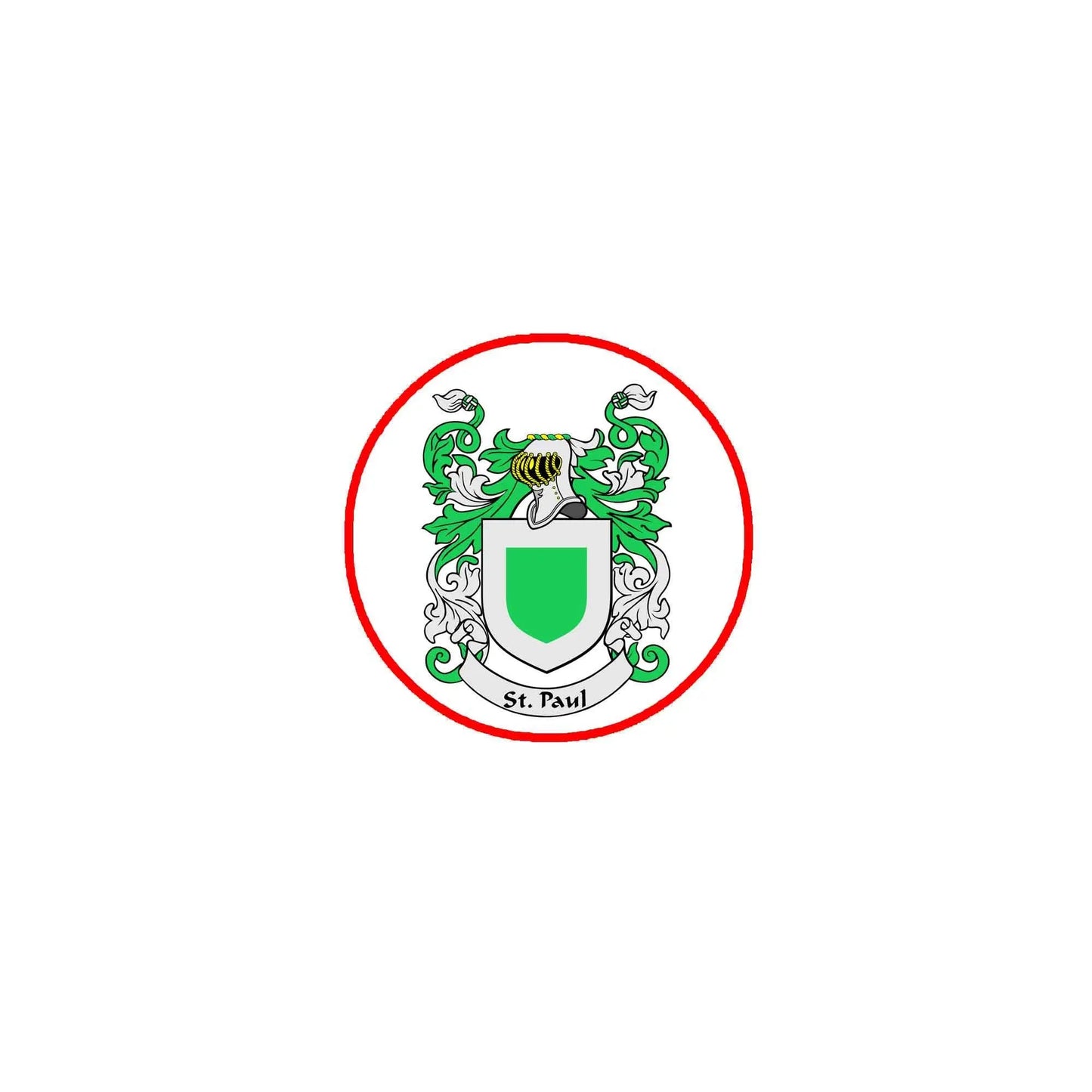 Circular St. Paul family crest arms magnet with green shield and ornate details