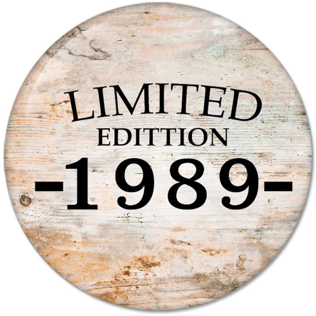 2.25-inch pinback button, beige wood texture, 'LIMITED EDITION -1989-'