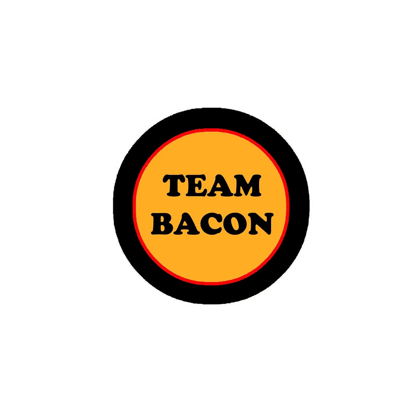 2.25-inch pinback button with black rim and orange “TEAM BACON” center