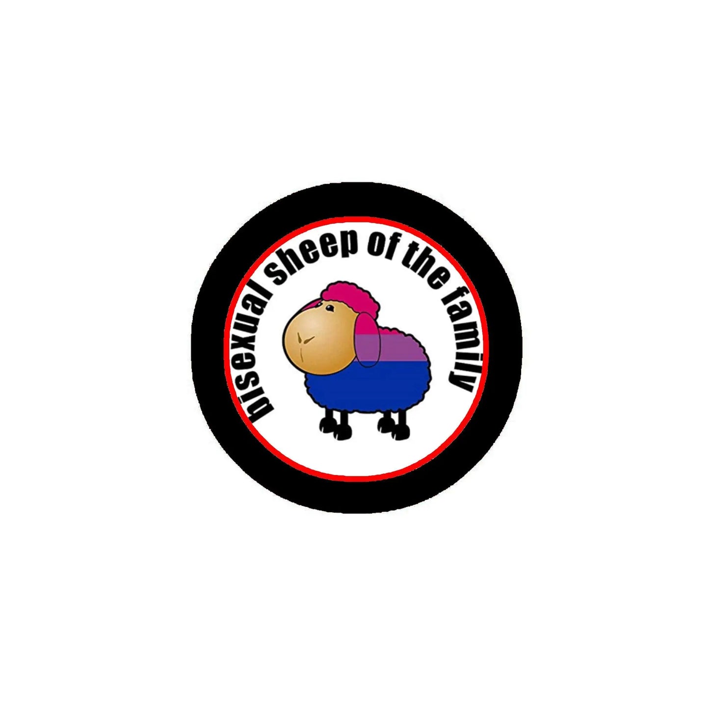 1.25-inch pinback button with cartoon sheep and bisexual pride text, round black border