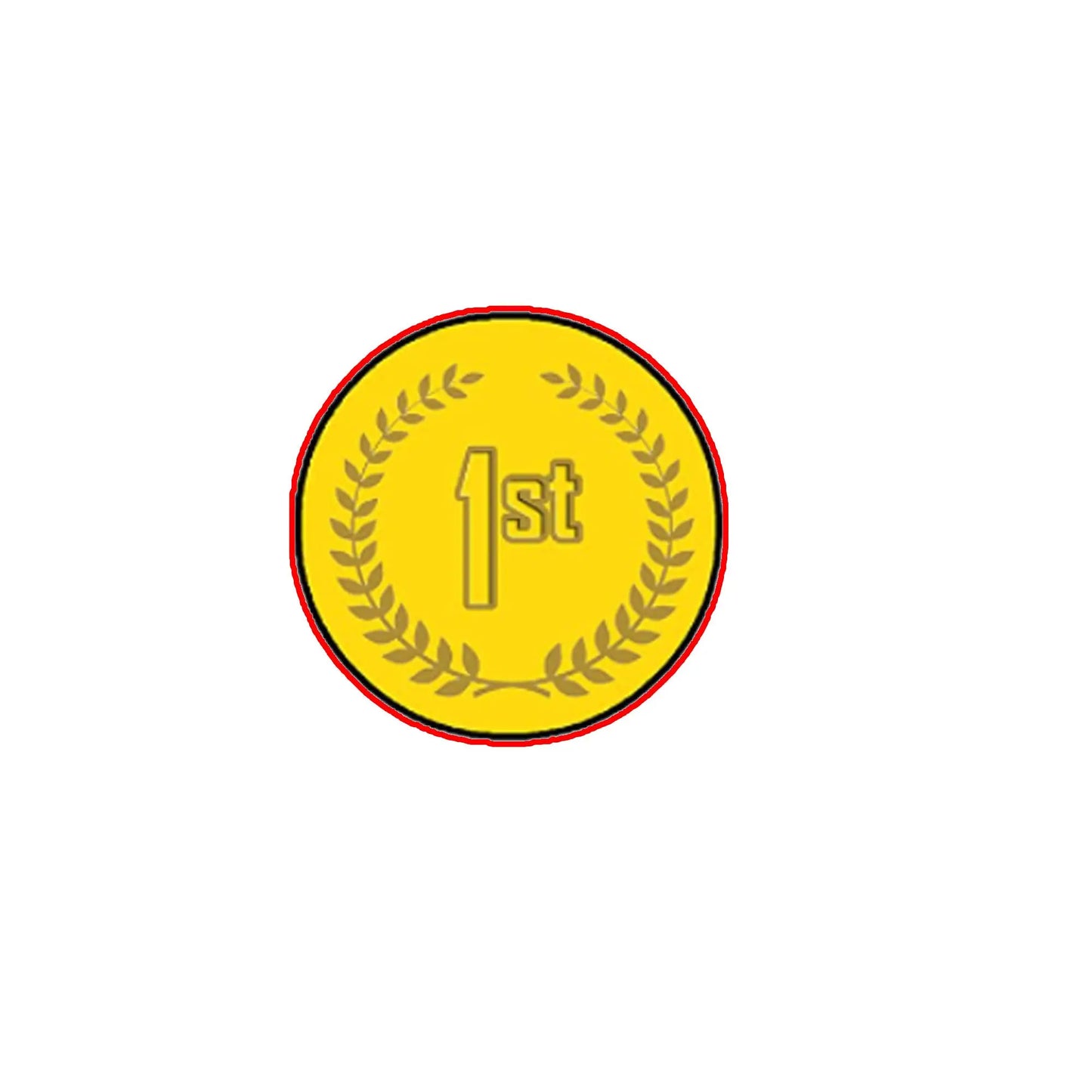1st place pinback badge with yellow laurel wreath, red rim, and gold 1st numeral