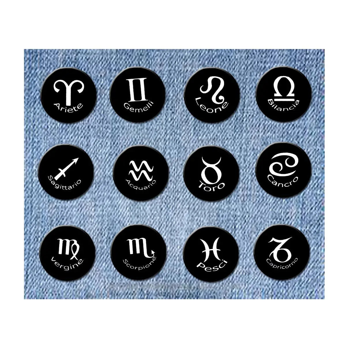 Set of zodiac symbol pinback buttons, black round designs with white astrological icons