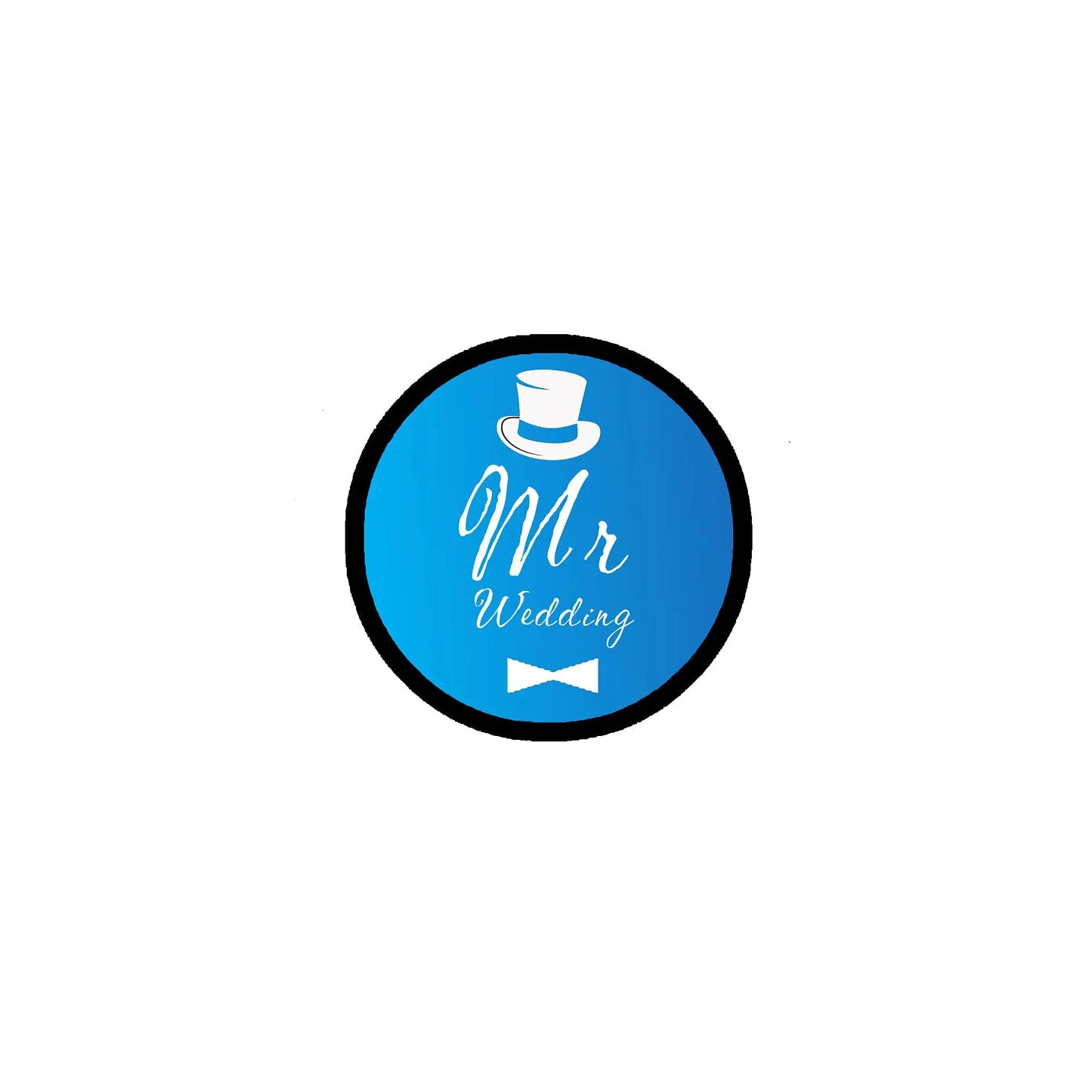 Round blue Mr Wedding pinback button with black border, top-hat icon and 'Mr Wedding' text