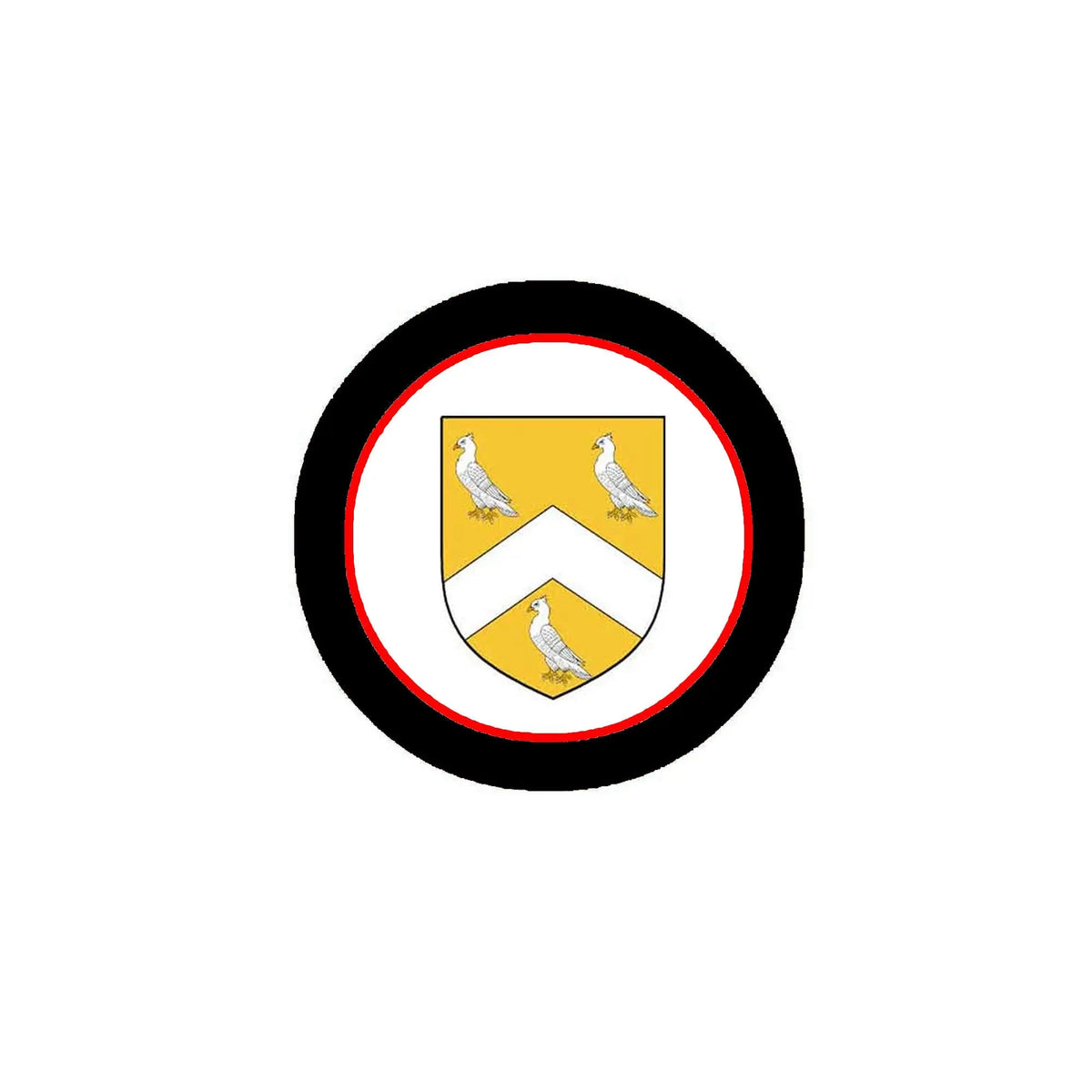 3-inch coat of arms magnet, round black rim, gold shield with three birds