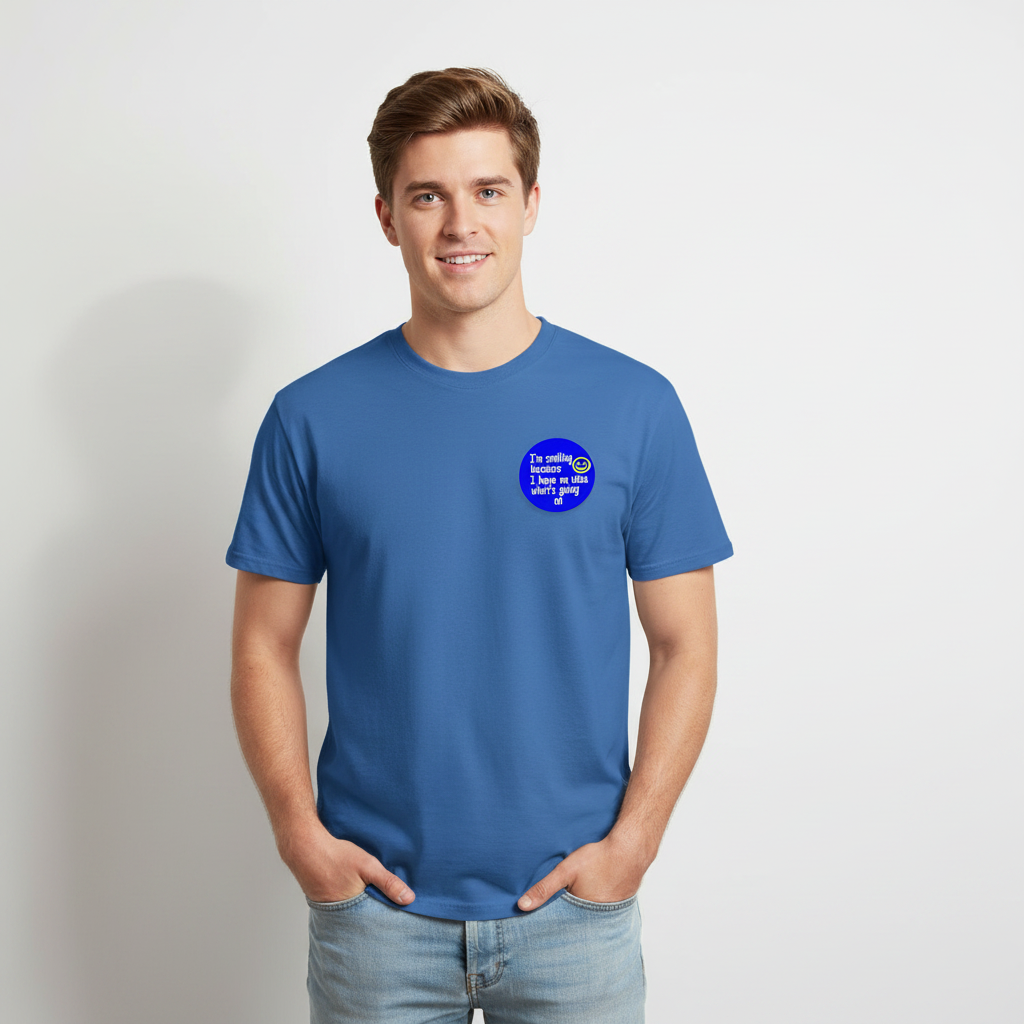 Blue T-shirt with circular pinback logo on chest