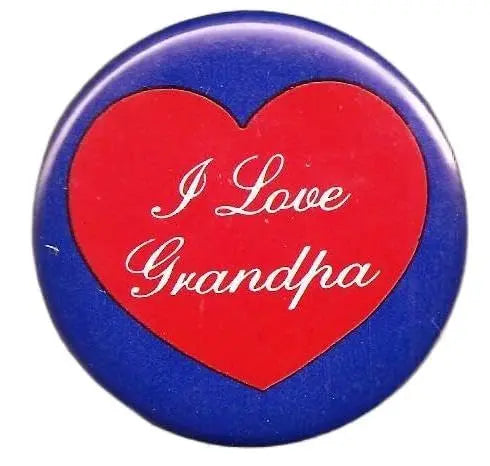 Blue pinback button with red heart: 'I Love Grandpa'