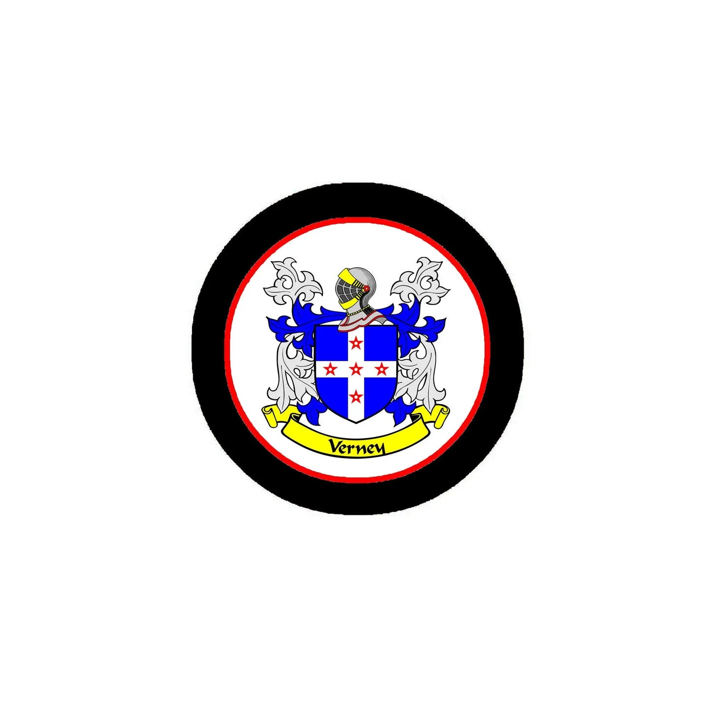 Round family crest pinback badge with blue shield and red banner, black border