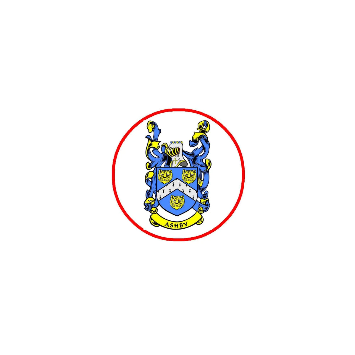 Ashby family crest magnet: round blue coat of arms with red border