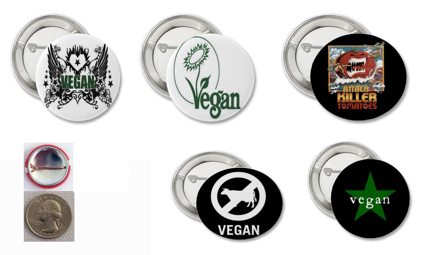 Vegan/Vegetarian 1 inch & 1 1/2 inch Size Button/Pin 8 Collection Set