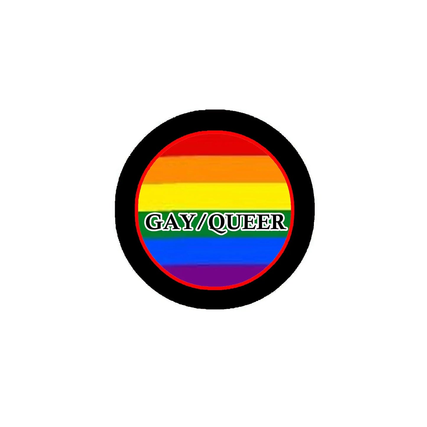 2.25-inch rainbow Gay/Queer pinback button with black outer ring