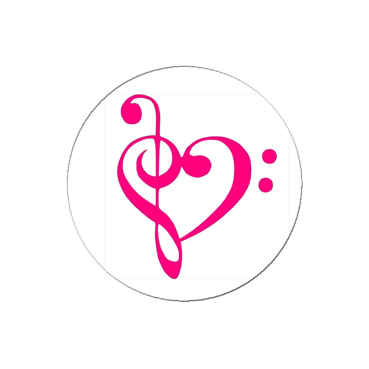 Pink music heart pinback button pin, circular design with treble clef and heart