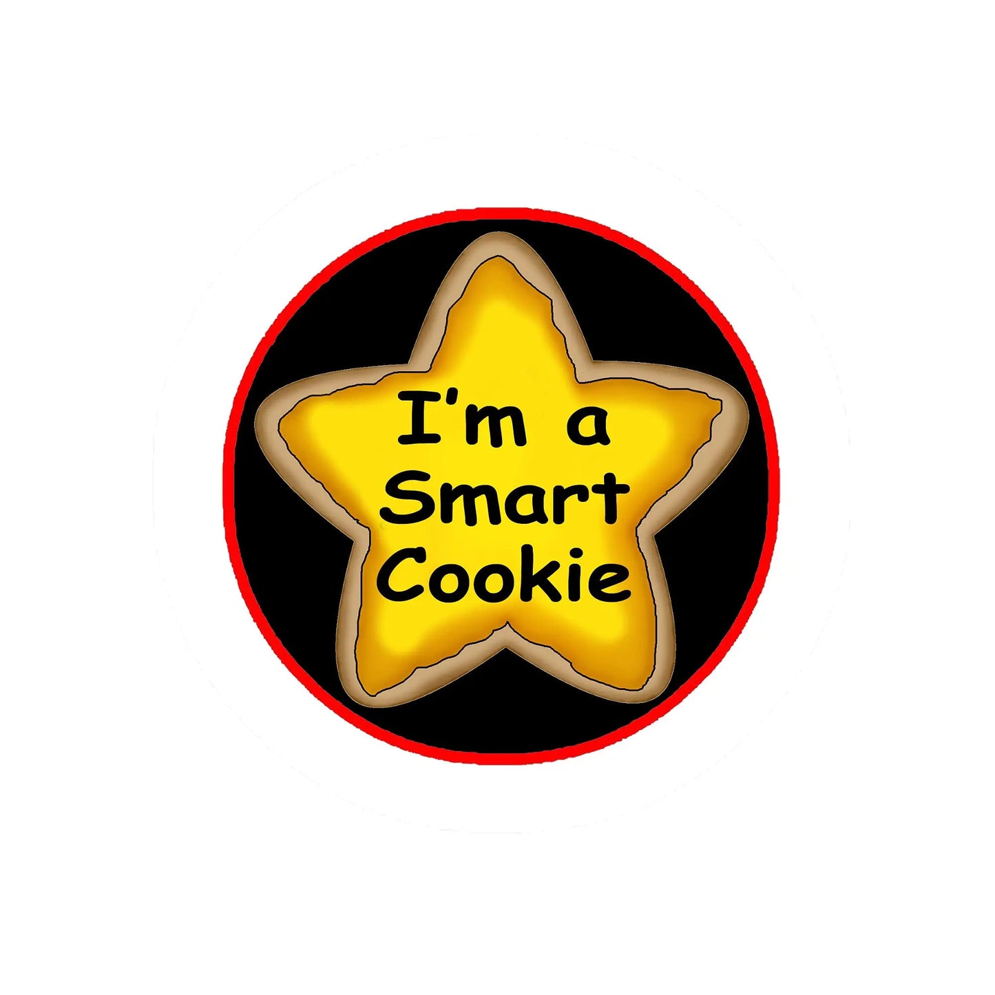Round pinback button with red border, yellow cookie star: I'm a Smart Cookie