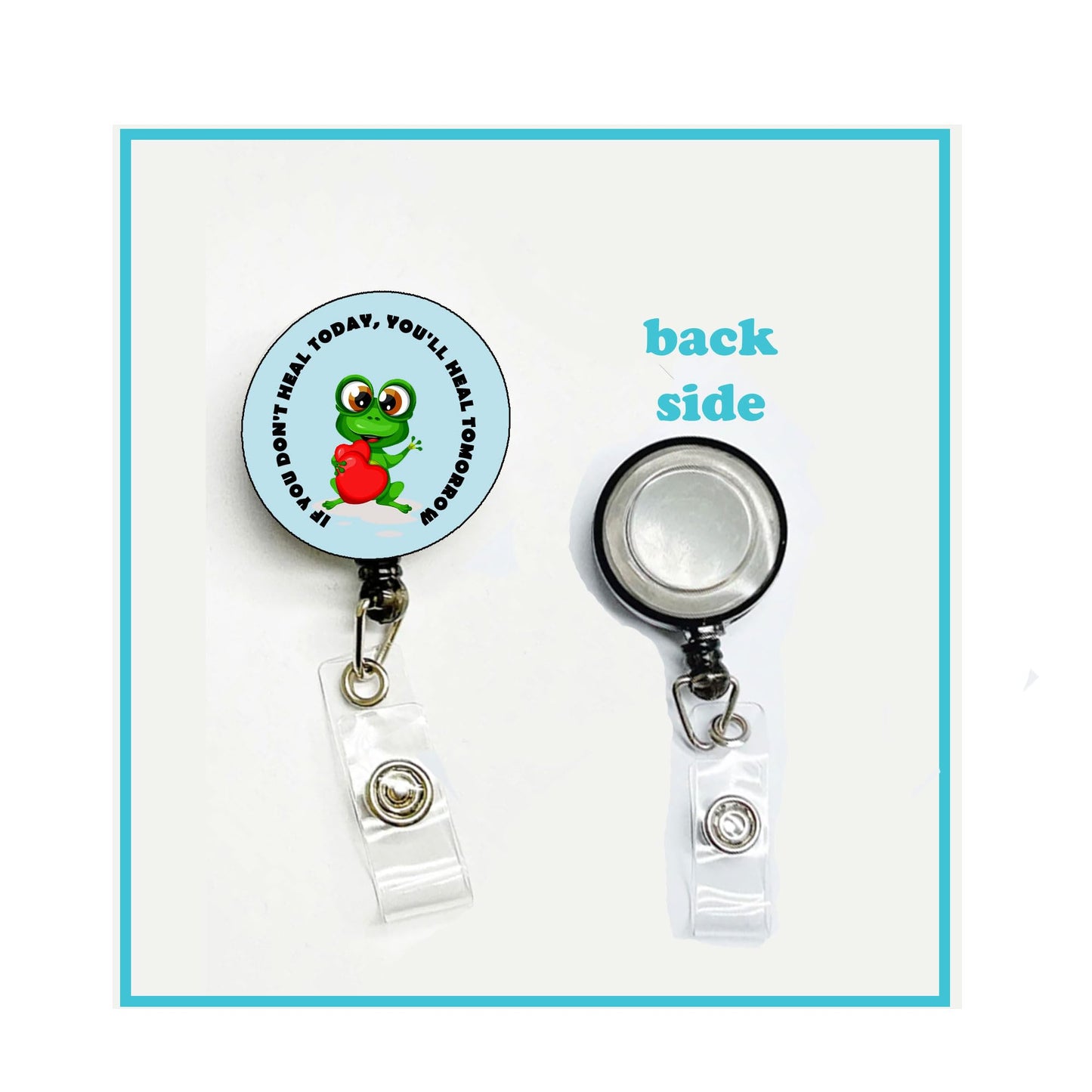 Retractable badge reel with clear belt clip and round logo button, 1.45-inch
