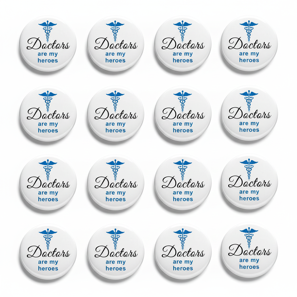 Set of doctor pinback buttons: white with blue caduceus, 'Doctors are my heroes'