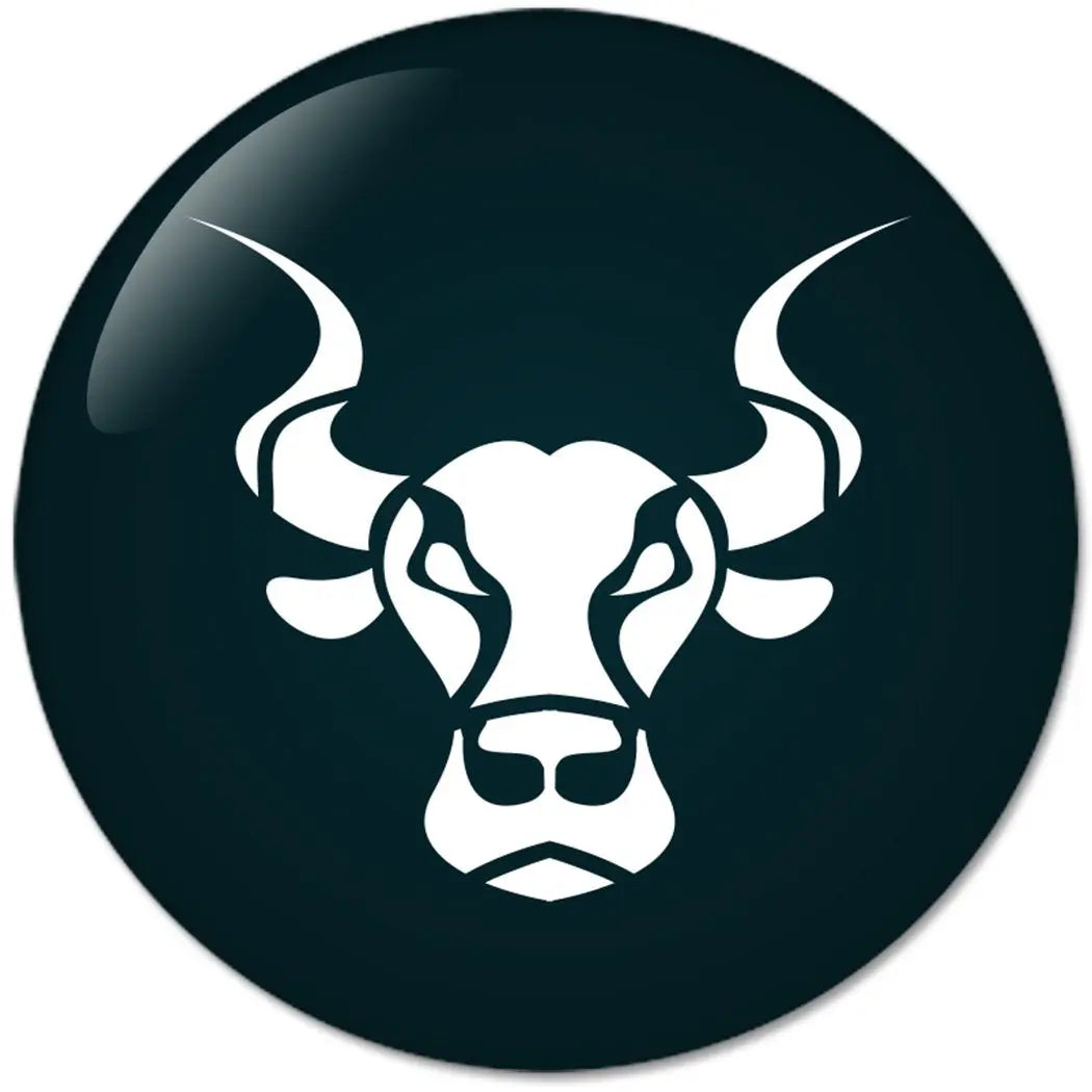 Taurus pinback button with white bull head silhouette on dark teal background