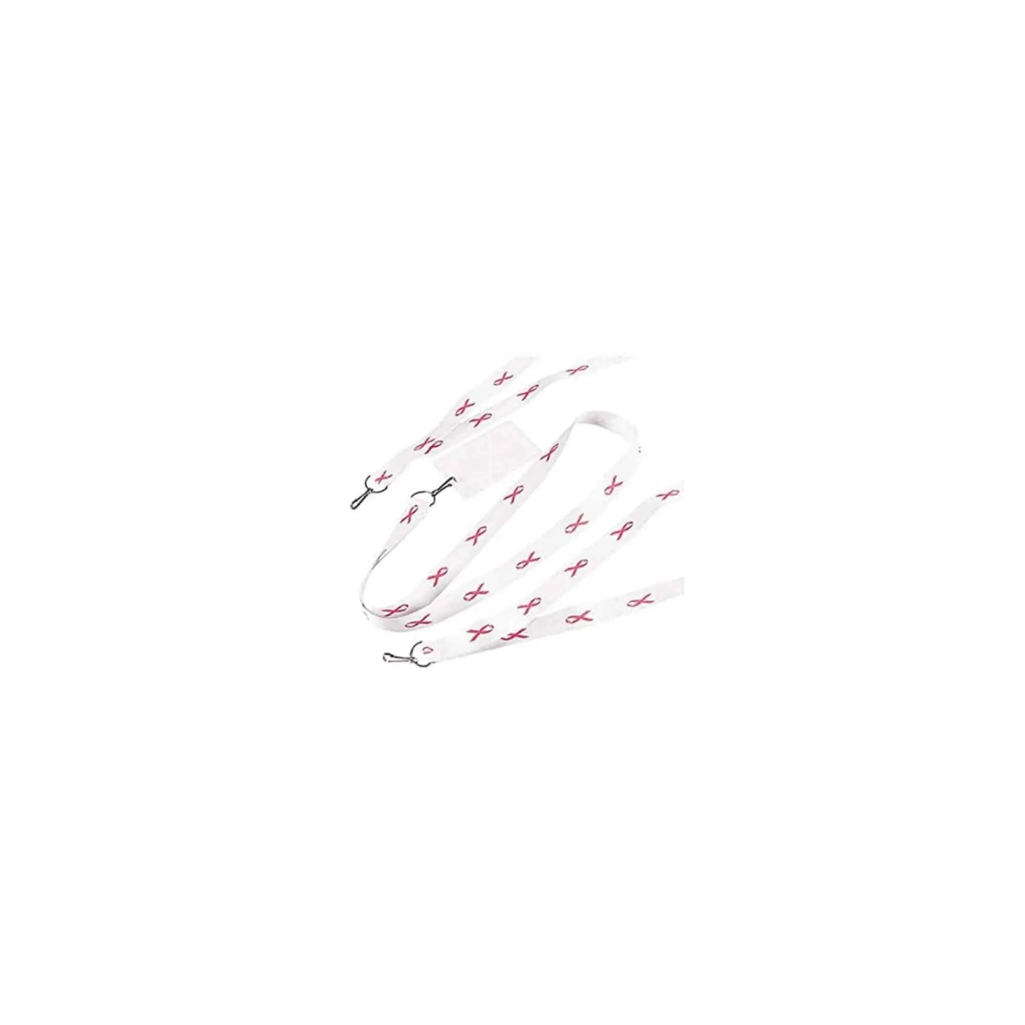 Set of 2 awareness lanyards, white with pink ribbon print and metal clips