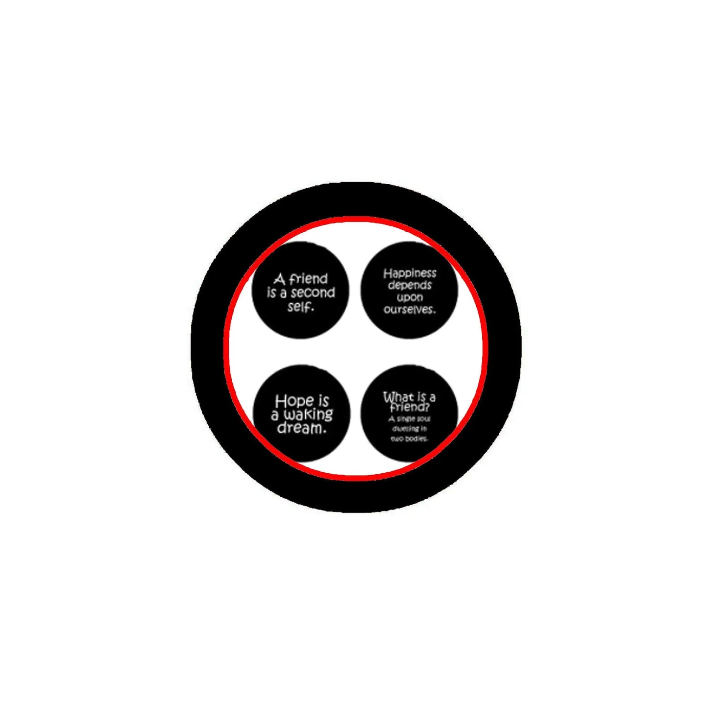 1.25-inch round pinback button with black border and red/white quote design