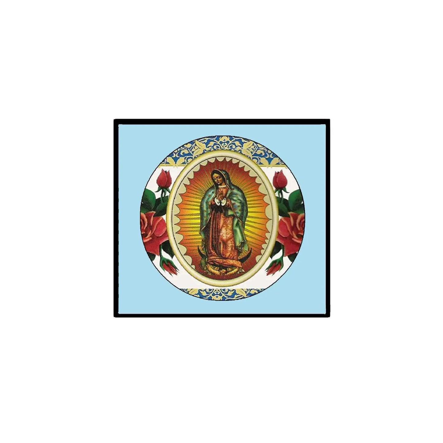 2.25-inch Virgin Guadalupe medallion pin with circular portrait and glowing rays