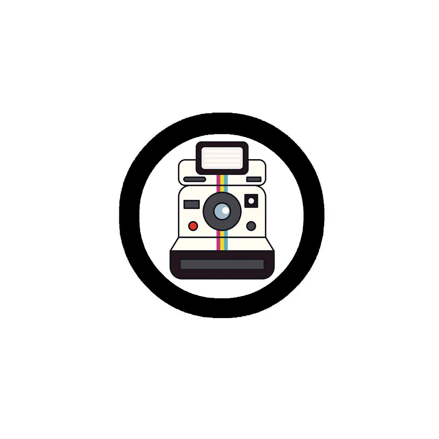 Round black pinback button with white vintage instant camera icon and colored details