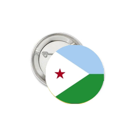 Djibouti flag enamel pin with silver back, round design and red star detail.