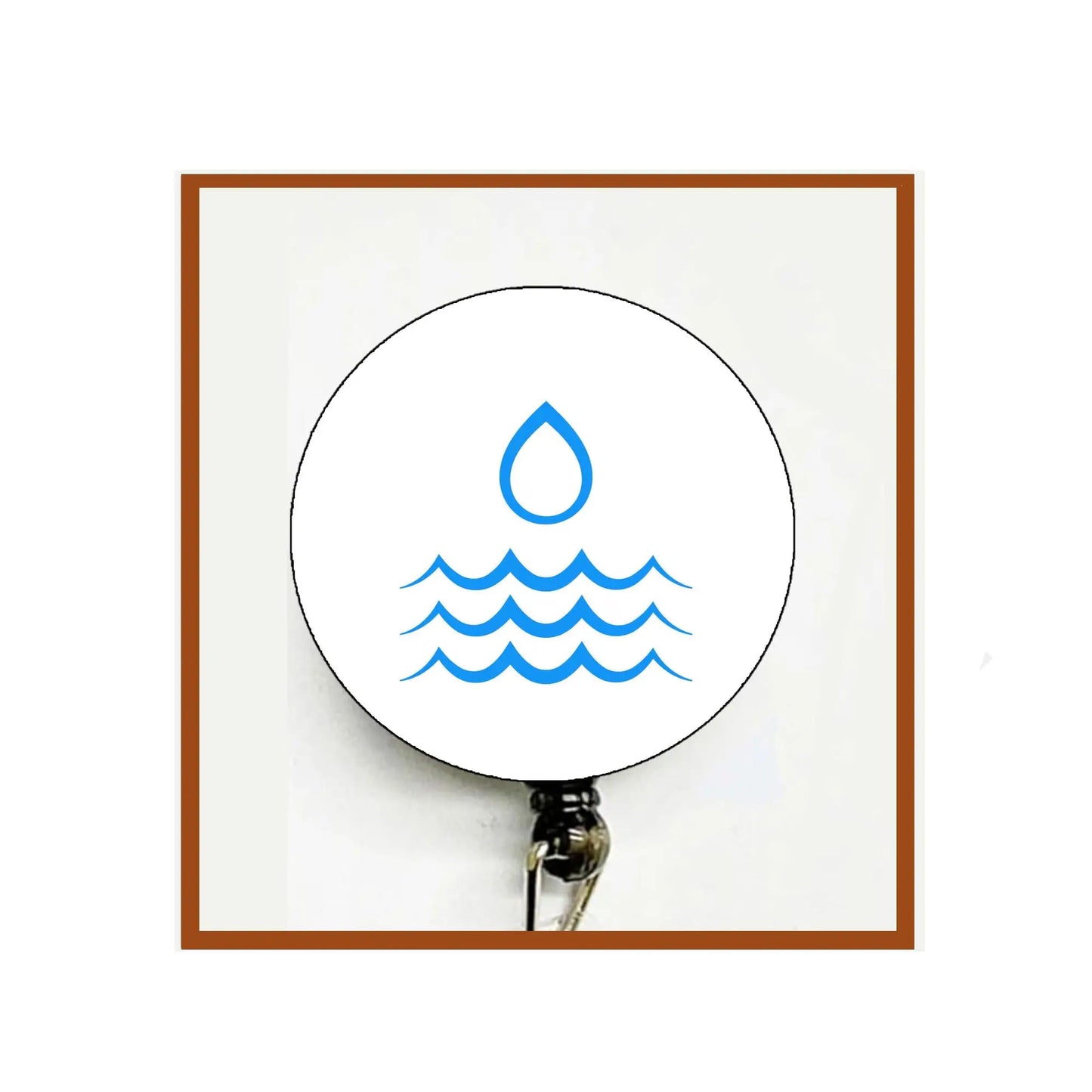 Water-themed felt retractable badge reel with blue droplet and wave icon