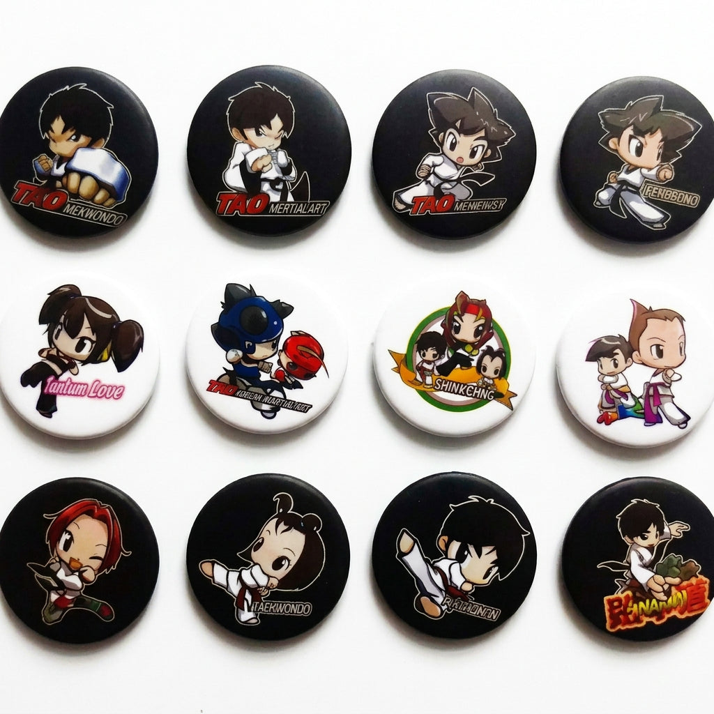 Set of 12 round pinback buttons with cartoon taekwondo character designs