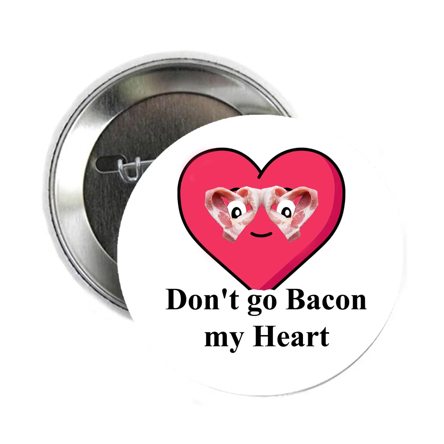 Pink heart pinback brooch with bacon-face graphic