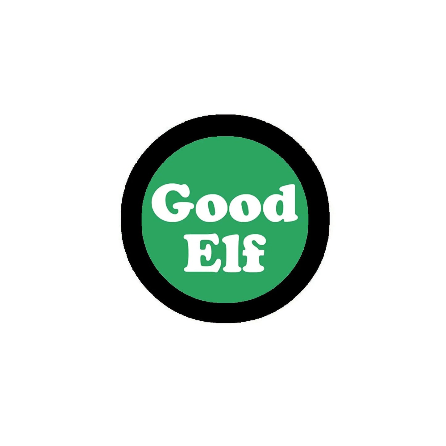 Good Elf circular logo badge with green center and white text on black border