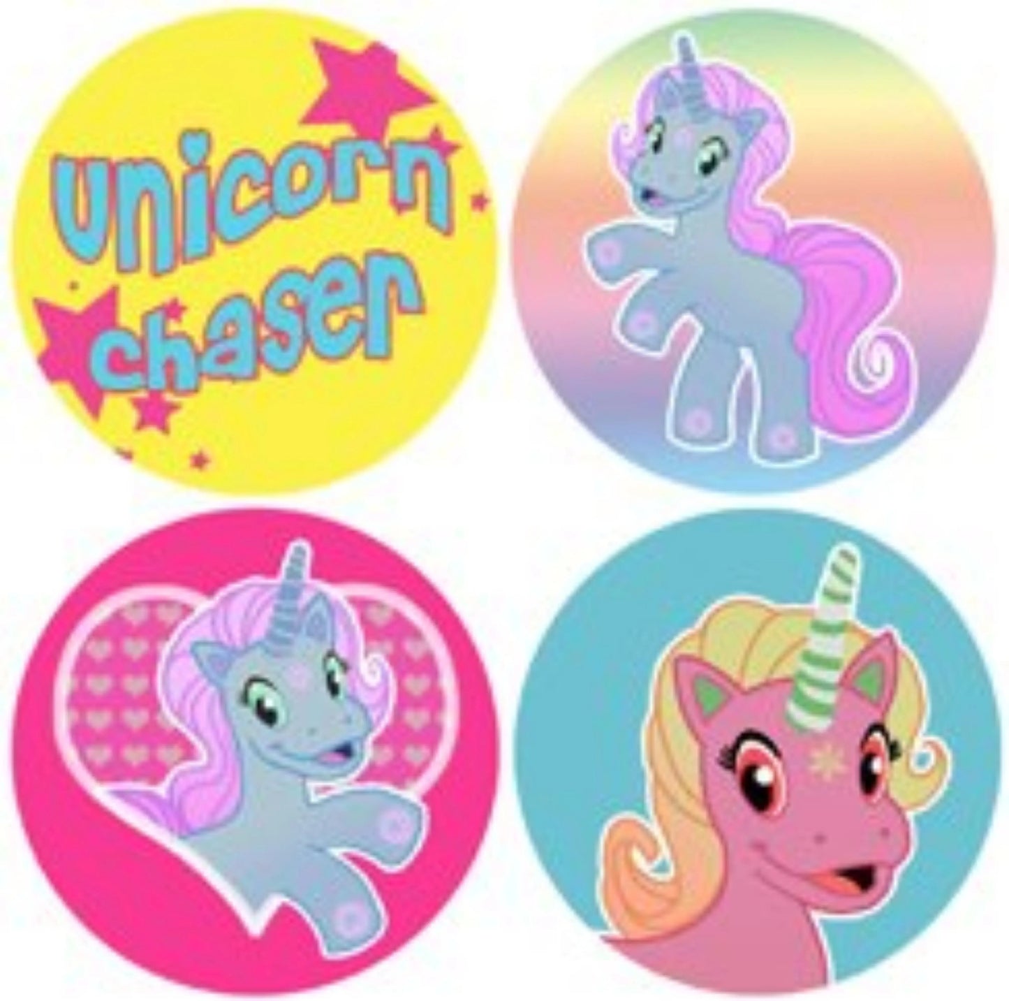 Set of four unicorn pinback buttons, colorful circular badges with four unicorn designs.
