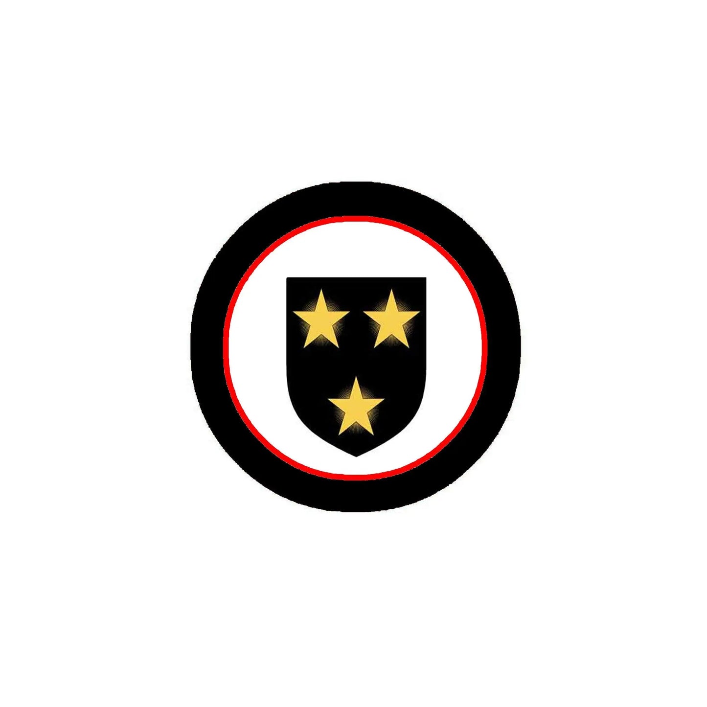 Round pinback badge with black border, red ring, and gold shield with three stars