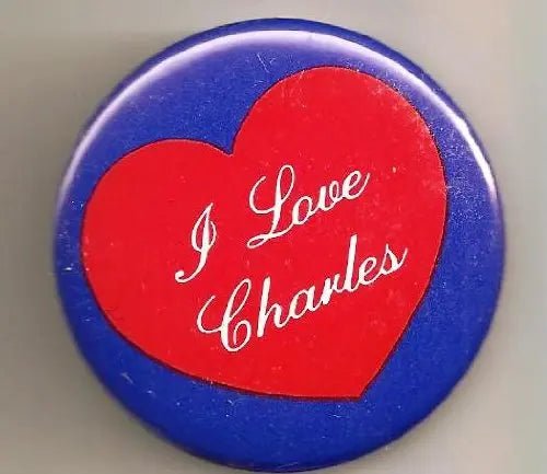 Blue pinback button with red heart and 'I Love Charles' text