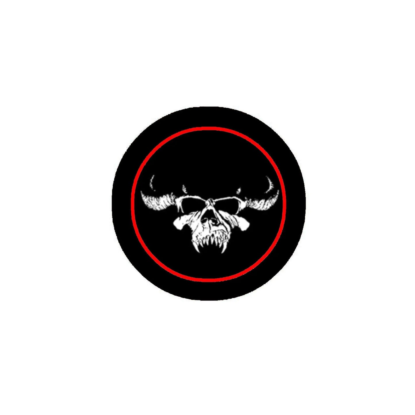 1.25-inch black pinback button with red ring and white bull skull graphic