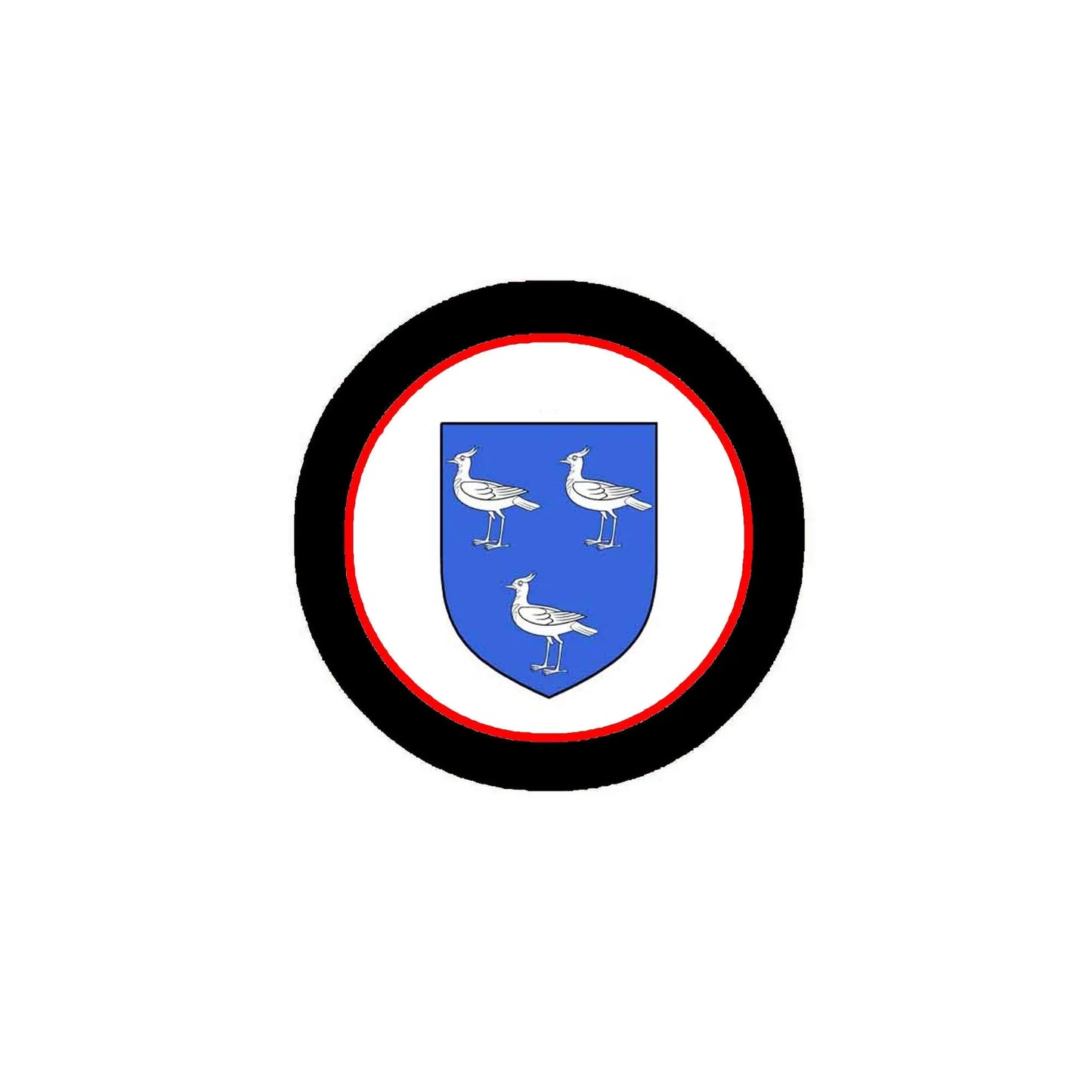 Round family crest arms magnet with black border and blue shield with white birds