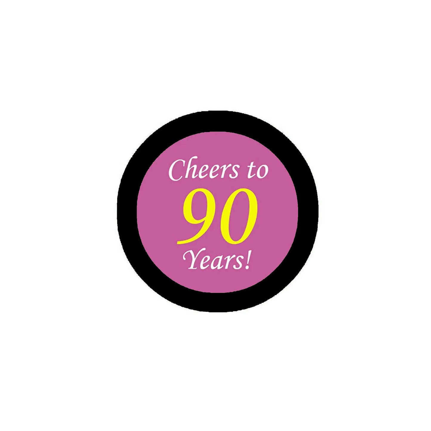 Round birthday sticker with purple center reading 'Cheers to 90 Years!'