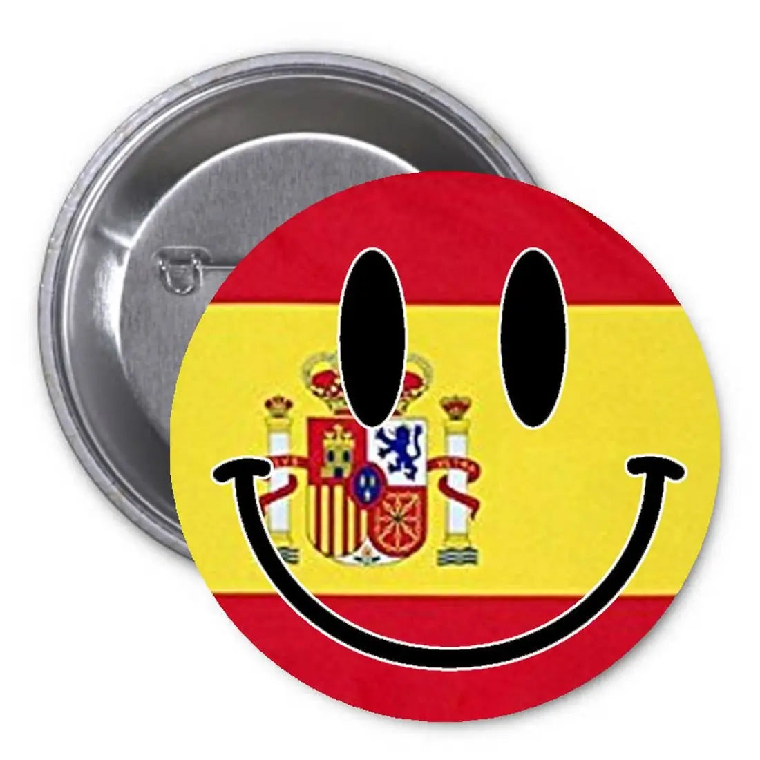 Round Spain flag smiley face pinback button with metal pin and back clasp