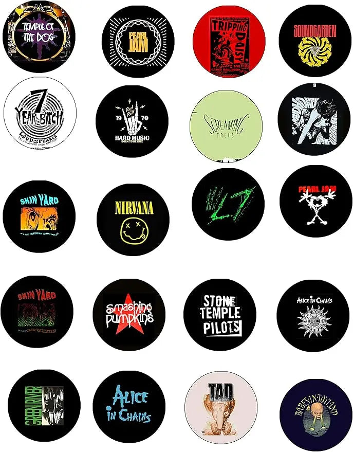 Set of 20 round rock pinback buttons with mixed grunge singer graphics and colors