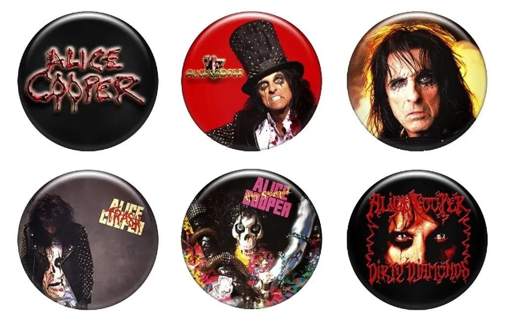 Set of 6 Alice Cooper pinback button badges with colorful character artwork