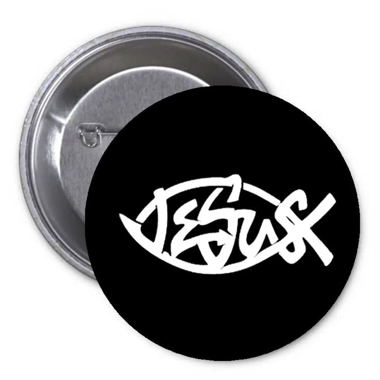Black round pinback button with white fish-style Jesus symbol and lettering