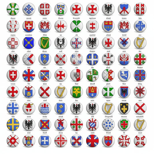Assorted set of round coat of arms crest badges with varied colorful designs