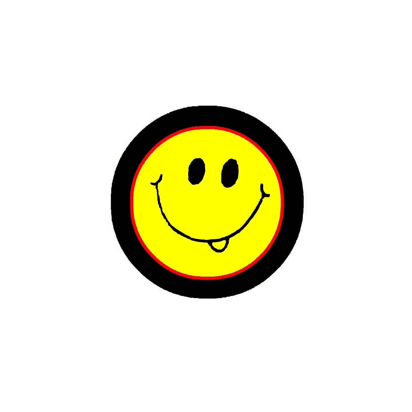 1.25-inch smiley pinback badge with yellow face, red ring, black border, friendly grin