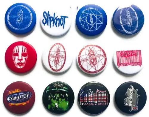 Set of round Slipknot pinback buttons with blue, red, and black graphic artwork