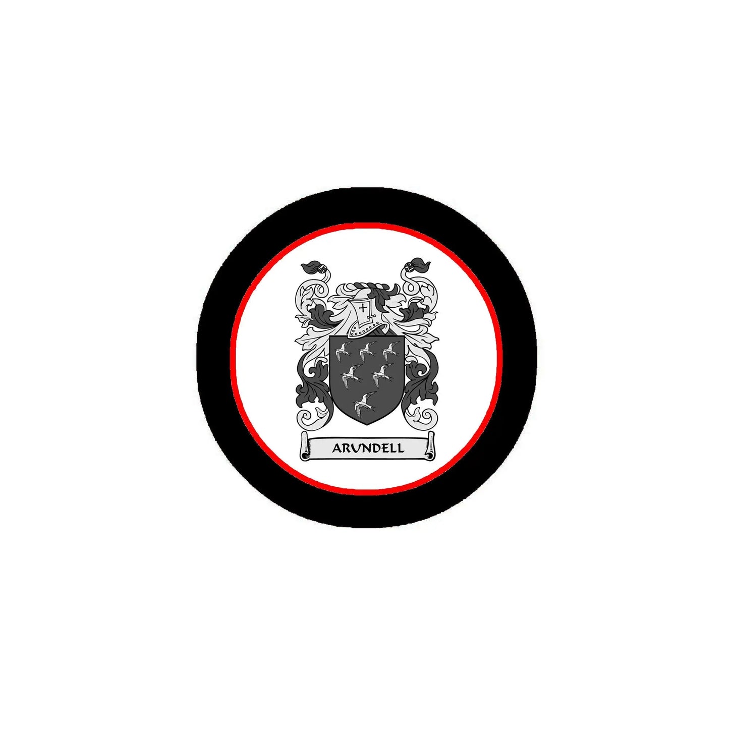 Round family crest pinback with black rim and red center, detailed heraldic shield