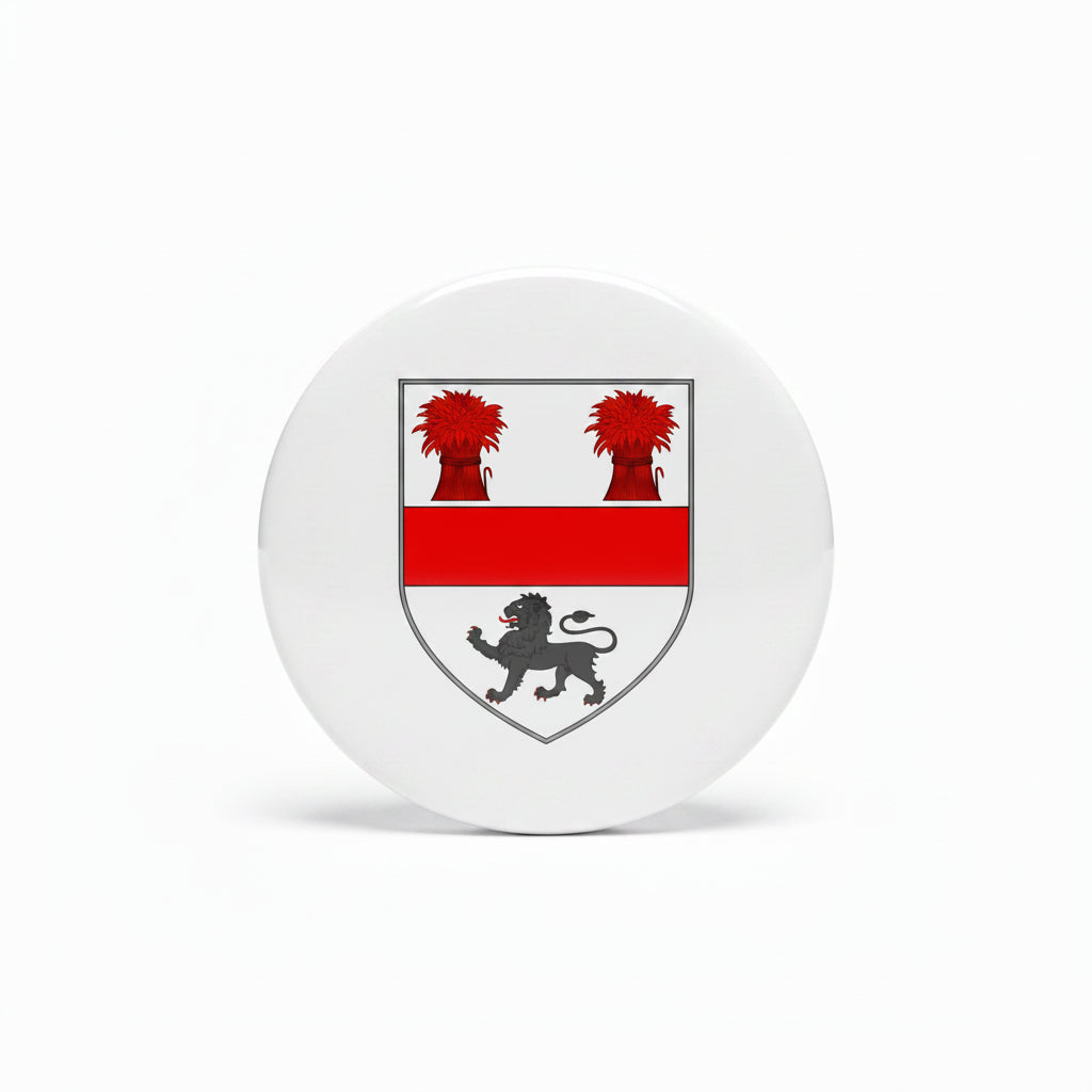 3-inch round coat of arms magnet with black ring and red trim, white heraldic shield
