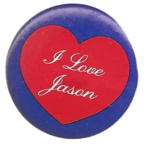 Heart-shaped I Love Jason pinback button with red heart and white script lettering
