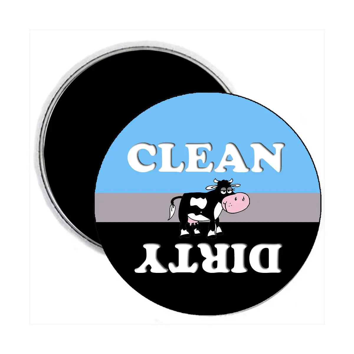Round dishwasher magnet with cow graphic and text CLEAN and DIRTY, blue and black design